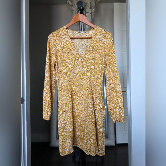 Uniqlo Printed V-Neck Long-Sleeve Mini Dress Floral Yellow Size M - Picture 1 of 6